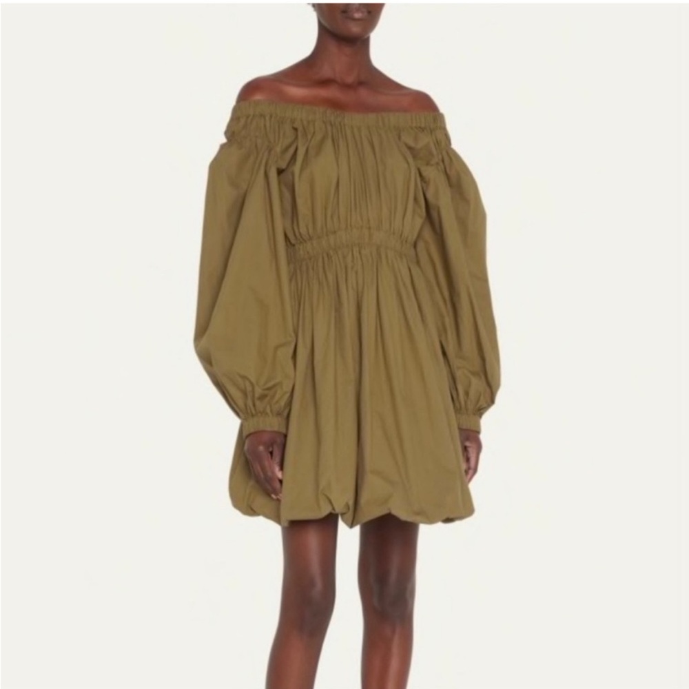 ULLA JOHNSON Martine Bubble Minidress 
Off-Shoulder Olive Green Dress